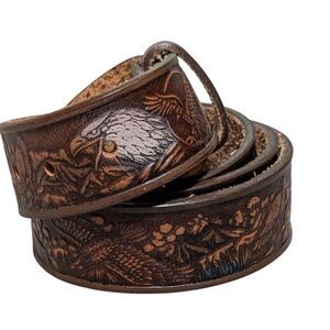 Brown leather tooled eagle belt cow hide western cowboy rodeo festival